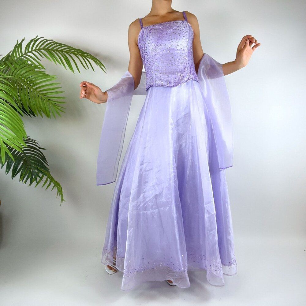 Vintage Y2K Purple Fairycore Princess Beaded Corset Maxi Prom Dress / Size: S